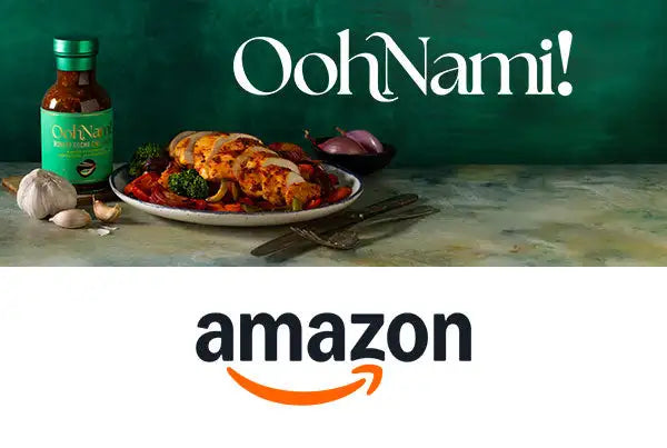 A bottle of oohnami! Sauce with a green label and cap, containing a dark brown liquid.